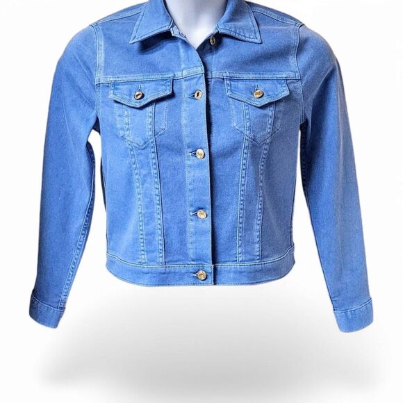 MICHAEL MICHAEL KORS Cropped Gold Hardware Colbalt Blue LongSleeve  Jean Jacket - Picture 2 of 15